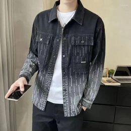 Men's Jackets Men Jacket Turn-Down Collar Black Jeans Gradient Striped Spring Autumn Fashion Streetwear Clothing Denim