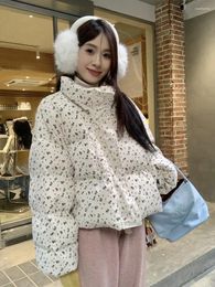 Women's Trench Coats Women Sweet Print Stand Collar Short Parkas 2023 Zipper Thick Warm Long Sleeve Down Jackets Japanese Cute Winter