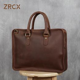 Briefcases Zrcx Vintage Briefcase Men's Genuine Leather Laptop 14 Inch Bag Casual Man Handbag Coffee Business Tote Shoulder Office Bags