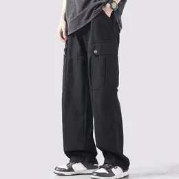 Men's Pants Breathable Men Trousers Retro Wide Leg Cargo With Crotch Multi Pockets For Soft Streetwear Solid