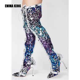 Blingbling Sequins Women Boots Custom Thigh High Over The Knee Boots Sexy Cross tied Pointed Toe Shoes Spring 231225