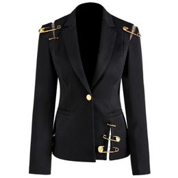 Jackets Women Blazer Jacket Pins Deco Hollow Out Slim Single Button High Street Blazer Coat 2020