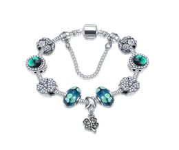 1821CM New Fourleaf clover bracelets charm four leaf pendant lucky green crystal beads 925 silver bangle DIY jewelry3728012