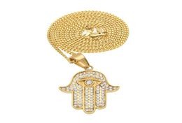 Stainless Steel Gold Colour Hamsa Hand Pendant Iced Out Rhinestone Hand of Fatima Jewellery With 3mm 24inch Cuban chain7803140