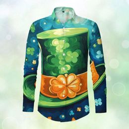 Men's Casual Shirts St Patrick'S Day Long Sleeve Shirt Male Trendy Clover Irish Dwarf Print Lapel Button Blouse Vintage Fashion Festival