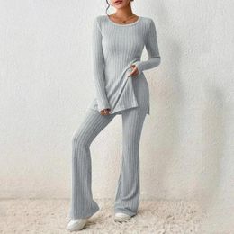 Women's Two Piece Pants Women Suit Set Stylish Knitted Two-piece With Long Sleeve Ribbed Slit Top High Waist Flared Trousers For Fall