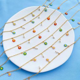 Chains 304 Stainless Steel Link Cable Chain Necklace Gold Plated Daisy Flower Enamel Fashion Women Jewelry 1 Piece 40cm Long