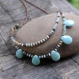 Necklaces Fashion Natural Water Drop Amazonite Stone Beads Necklace For Women Girls Seedbeads Lotus Chokers Multilayers Necklace