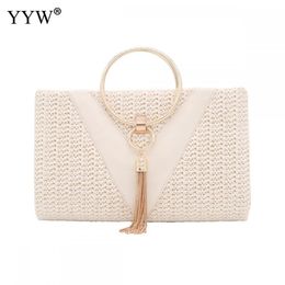 Bags Elegant Straw Women Evening Clutches Bag Tassels Female Crossbody Bag Ladies Envelope Purse For Party White Yellow Handbags Boho