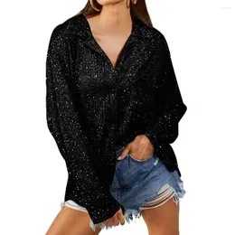 Women's Blouses Long-sleeve Sequin Top Lapel Cardigan For Women Shiny Performance Club Party Soft Loose Solid Colour Shirt