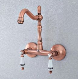 Bathroom Sink Faucets Antique Red Copper Wall Mount 2-Handle Kitchen Faucet Swivel Mixer Tap Tsf894