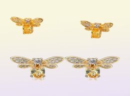 Rainbamabom Vintage 925 Solid Sterling Silver Citrine Gemstone Yellow Gold Bee Earrings Ear Studs Women Fine Jewelry Whole22363683395638