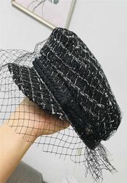 Women Classic Tweed Tartan Hat Veil Netting sboy cap Flat top Black Military hat British Retro Artist Beanie Hat Cap 2105319099247