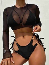 Bikinis Set 3 Pack Halter Triangle Bikini 2023 Swimsuit Solid Mesh Top Ring Link Swimwear Female Sexy Bathing Suit Swimming Summer BeachwearL231225