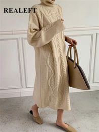 REALEFT Autumn Winter Oversize Turtleneck Knitted Women Dresses Thicken Long Sleeve Casual Loose Sweater Dress Female 231225