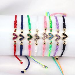 Bangle 10Pcs New Rainbow Braided Bracelet Heart Shape Love Cz Simple Trendy Ladies Thread Rope Cords Jewelry Gift Charm Bracelets