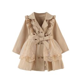 Kid Baby Girl Winter Trench Coat Lace Mesh Patchwork Long Sleeve Lapel Ruffle Double Breasted Windbreaker Outwear with Belt 2-7T 231225