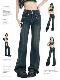 American retro lowwaisted straightleg bootcut jeans style waist button design loose floorlength mopping pants for women 231225