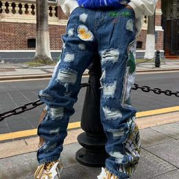 Men's Pants Fashion Industry Embroidered Patch Denim Jeans Fashionable Personalized Niche Loose Straight Wide-leg Trousers Male Clothes