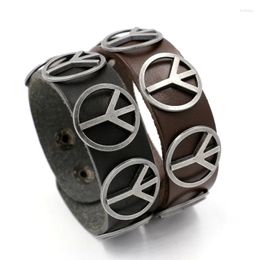 Charm Bracelets Wide Leather Bracelet For Men Retro Fashion Jewellery Antiwar Peace Logo Stainless Steel Metal Snap Fastener