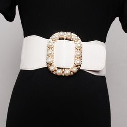 Women's runway fashion pearl buckle elastic Cummerbunds female Dress Corsets Waistband Belts decoration wide belt R3176196t