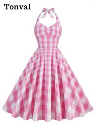 Casual Dresses Tonval Pink Gingham Cotton Pinup Robe Women Ruched High Waist Backless Rockabilly Party Swing Dress Vintage Clothing