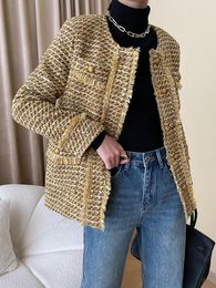 Women's Jackets Yellow Tassels Big Size Tweed Jacket Round Neck Long Sleeve Women Coat Fashion Tide Spring Autumn 2023 O731