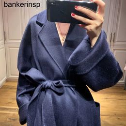 Top Luxury Coat Maxmaras 101801 Pure Wool Coat Labbro Double sided Pure Cashmere Coat Women's French High Grade Navy Blue Hepburn Long Fleece CoatEYPL