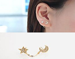 Stud 2pcs Personality Vintage Two Piercing One Side Chain Crystal Rhinestone Moon Star Ear Cuff For Double Hole Earrings Jewelry9917526