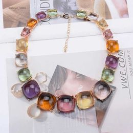 Pendant Necklaces New Multicolor Choker Necklace Transparent Resin Jewelry Indian Statement Gold Plated Metal Large Collar Plated Metal PendantL231225