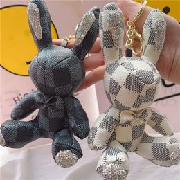 Animal Rabbit Keyrings PU Leather Luxury Rhinestone Key Chains Rings Jewelry Fashion Black Brown Flower Plaid Design Pendant Bag C264r