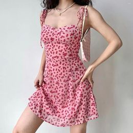 Casual Dresses Go Girl Fashion Style Sweet And Spicy Pink Floral Slip Dress Women's Summer Shoulder Tied A- Line Skirt