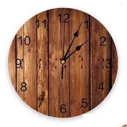 Wall Clocks Brown Planks Retro Wood Grain Clock For Home Decoration Living Room Quartz Needle Hanging Watch Modern Kitchen Drop Deli Dhlpc