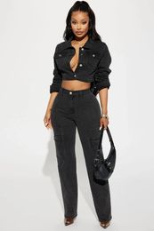 Women's Two Piece Pants Black Stretch Denim Club Outfits Sexy Women Pieces Elegant Jeans Casual Matching Set Top