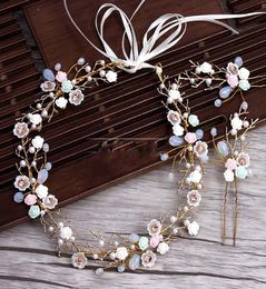 golden branches Ceramic Flower Headband hairpins Suit wedding tiara hair decoration for brides Wedding hair Accessories C181108015993200