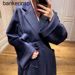 Top Luxury Coat Maxmaras 101801 Pure Wool Coat Labbro Double sided Pure Cashmere Coat Women's French High Grade Navy Blue Hepburn Long Fleece CoatPWWH