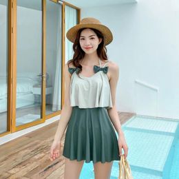 Wear Women's Push Up One Piece Swimwear Padded Swimsuit Swimdress Green Patchwork Girls Flounce Skirt Bathing Suit Summer 2022 Female