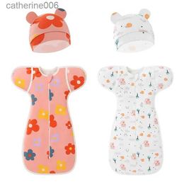 Sleeping Bags Newborn Baby Sleeping Bags Cartoon Print 0-6M Infant Swaddle Blanket Cotton Anti-shock Sleepsacks Wrap Bonnet Hat Set Baby StuffL231225