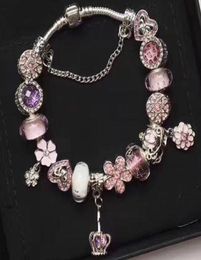 Fashion 925 Sterling Silver Pink Murano Lampwork Glass & European Charm Beads Five Petals Flower Crystal Crown Dangle Fits P Charm Bracelets Necklace B88383531