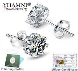 Have Certificate YHAMNI 100 Solid 925 Silver Stud Earrings High Quality 7mm Zirconia Stone Wedding Fine Earrings for Women SE0051371908
