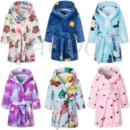 Boys Girls Cartoon Unicorn Flannel Hooded Bathrobe Autumn Winter Kids Warm Thicken Sleepwear Robe Children's Bath Robe for Kids 231225