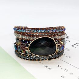 Bangle 2021New Native Inspired Designer Leather Bracelet Black Onyx Mix 5 Strands Woven Wrap Bangles Bohemian Jewellery Dropship