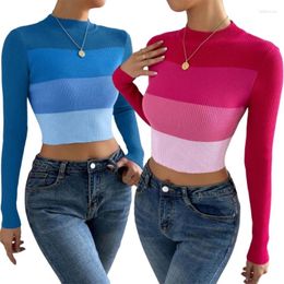 Women's Sweaters Women Colorblock Striped Skinny Sweater Mock Neck Long Sleeve Ribbed Crop Top