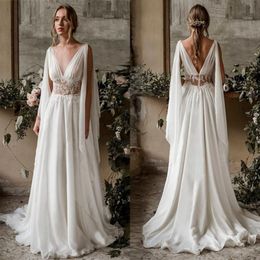 2024 Sexy A Line Wedding Dresses Deep V Neck Illusion Sleeveless Lace Appliques Chiffon Bridal Gowns wedding dress Open Back