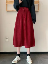 Skirts Vintage Red Slim Festival Party Corduroy Skirt Women Autumn Winter Black High Waist A-line Pleated Long Brown Simple Trend