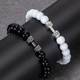 Pendant Necklaces 2pcs/Set Natural Stone Dumbbell Beaded Bracelet Black Beads Fitness Fit Life Prayer Bracelets Bangles Barbell Men JewelryL231225