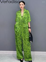 Women's Two Piece Pants Vefadisa2023 Summer Women Dark Flower Suit Collar Solid Coat Casual Wide Leg Set Green Girl Matching Sets ZY1721