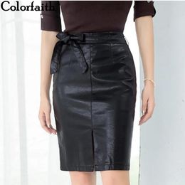 Skirt Colorfaith New 2022 Egirl PU Leather Pencil High Waist Elegant Lady Bow Korean Fashion Package Hip Slit Women Midi Skirts SK3440