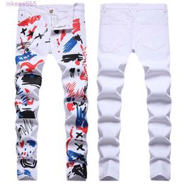 Designer Trendy Street Hip Hop Rock Style with Multicolor Digital Print Elastic Slim Fit Small Straight Jeans Men