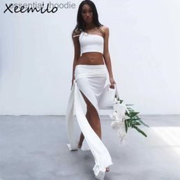 Two Piece Dress WhereMery Temperament White Bodycon Women Two Piece Set Sexy Single-strap Tight Tank Top With Bandage High Slit Long Hip Skirts L231225